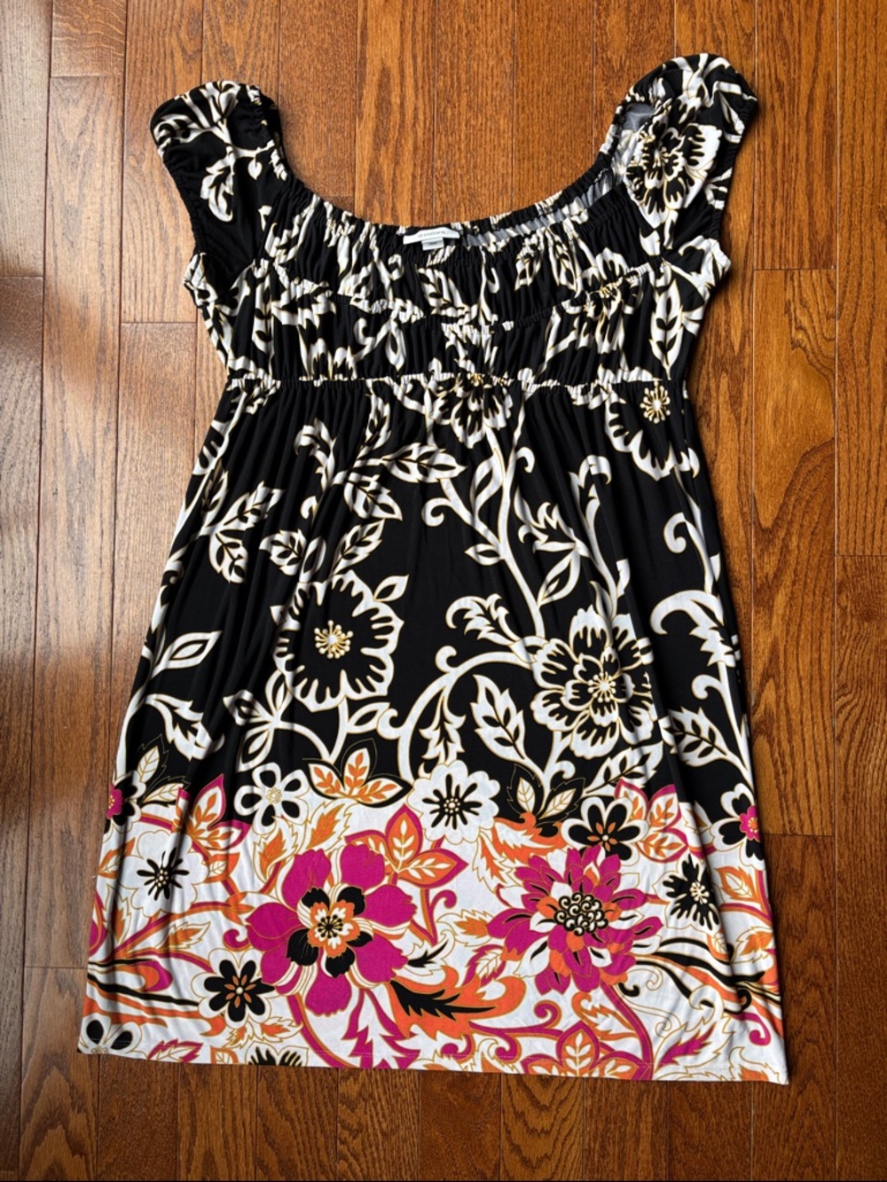 dressbarn Black Dress with White and Gold Floral Print